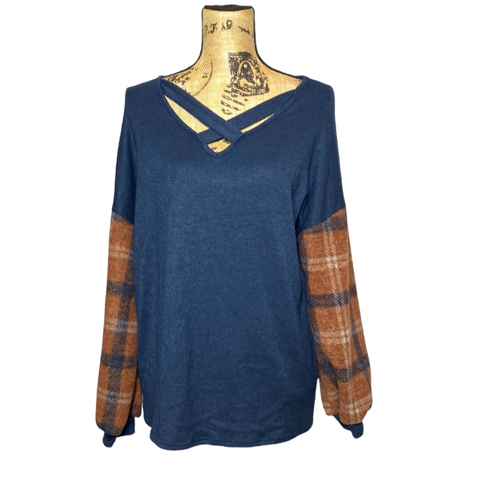 Navy Drop Shoulder Plaid Tunic Top S